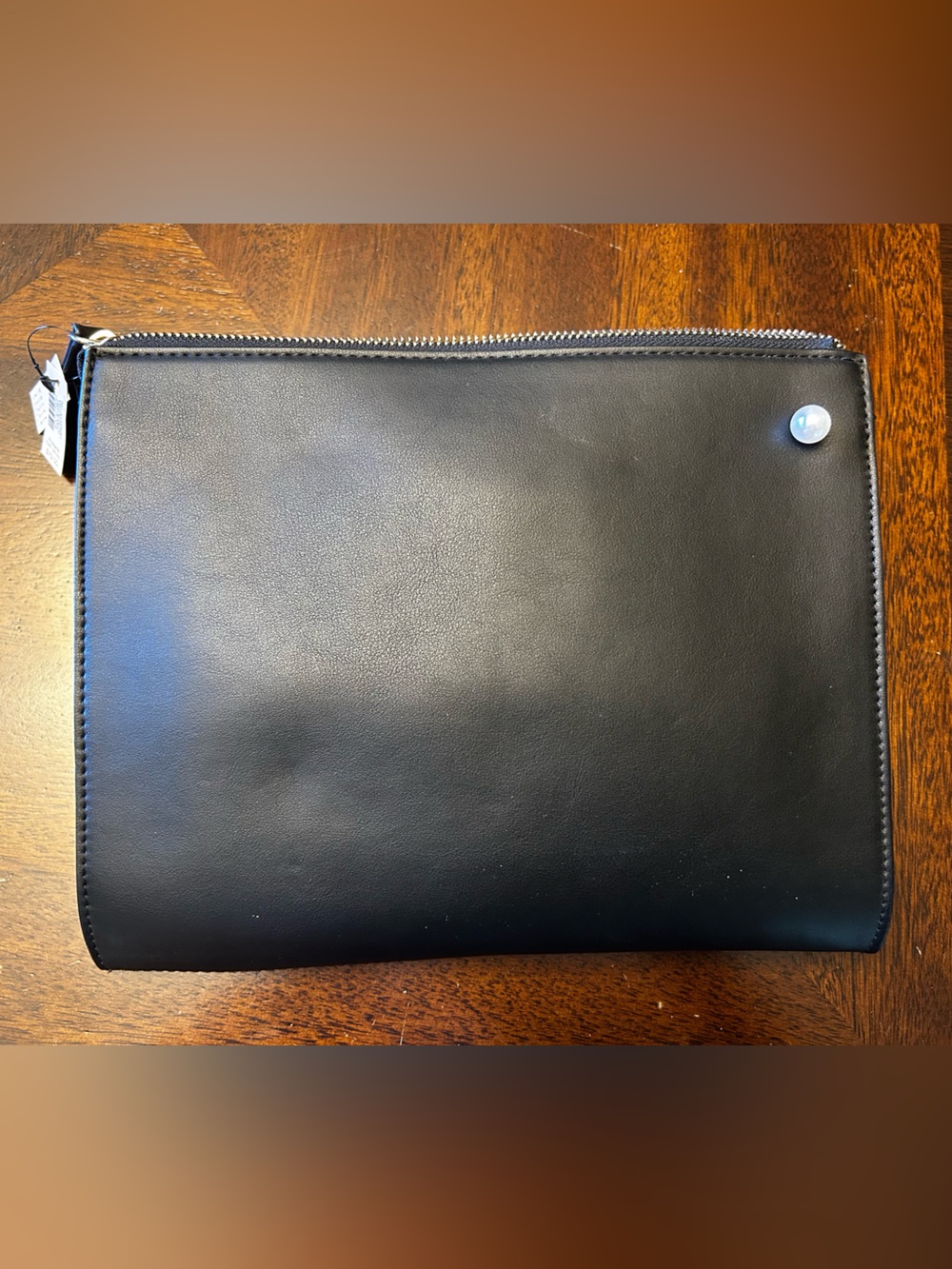 White House Black Market Black Leather Zip Pouch Crossbody Pearl Gem Accent